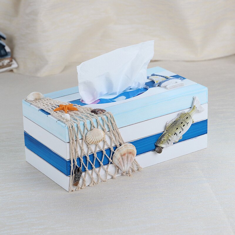 Mediterranean style wooden tissue box Blue ocean Beach marine shell decorative tissue box
