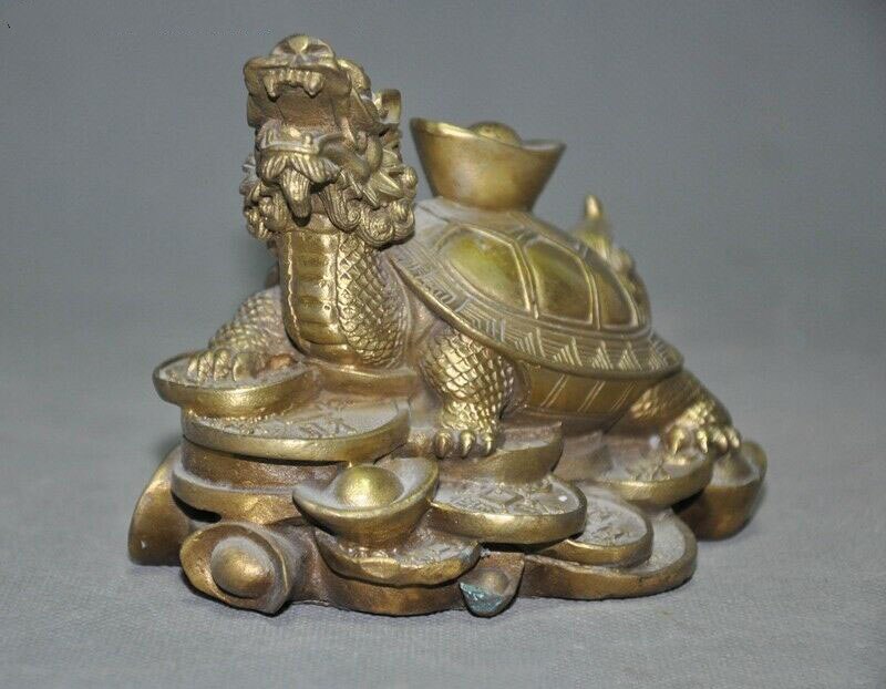 Oude Chinese Feng Shui messing gunstige rijkdom yuanbao coin Dragon turtle standbeeld