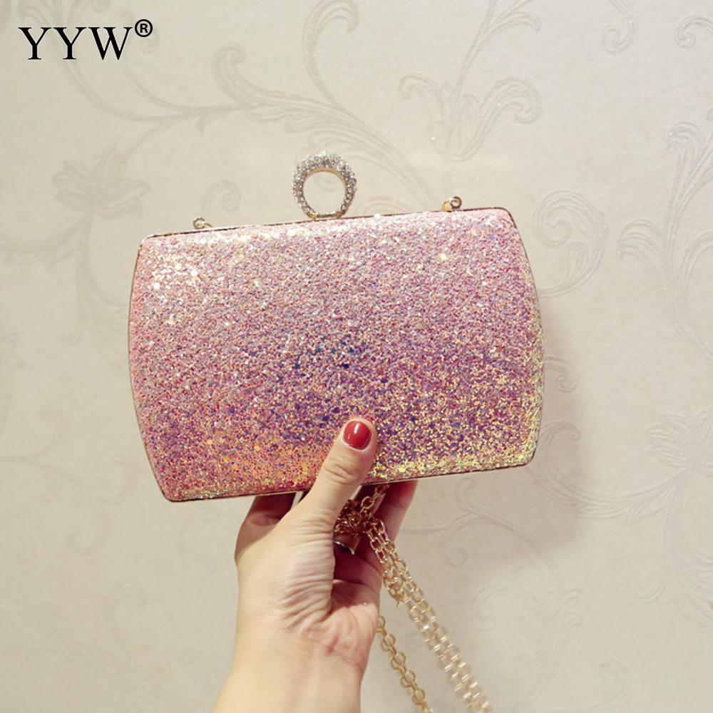 Vrouwen Wit Pailletten Keten Handtas Sparkling Party Vinger Ring Avond Envelop Clutch Bag Hard Wallet Tote Purse: hot pink