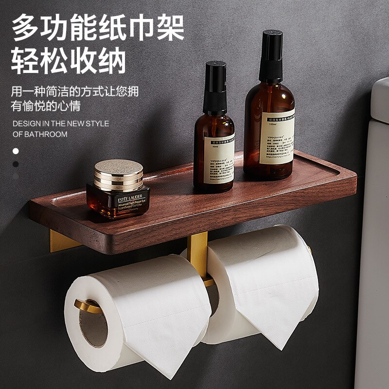 Bathroom Accessories Paper Holder Gold and Walnut Wood Paper Towel Holder Tissue Rack Toilet Paper Holder Phone Holder
