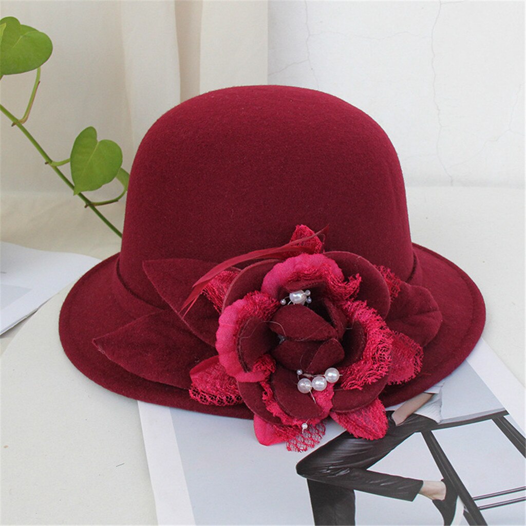 Women Flax Flower Hat Bowler Billycock Cap Sales Vintage Retro Bowler Caps Princess caps chapeau femme Hat Cap For Woman: Wine 