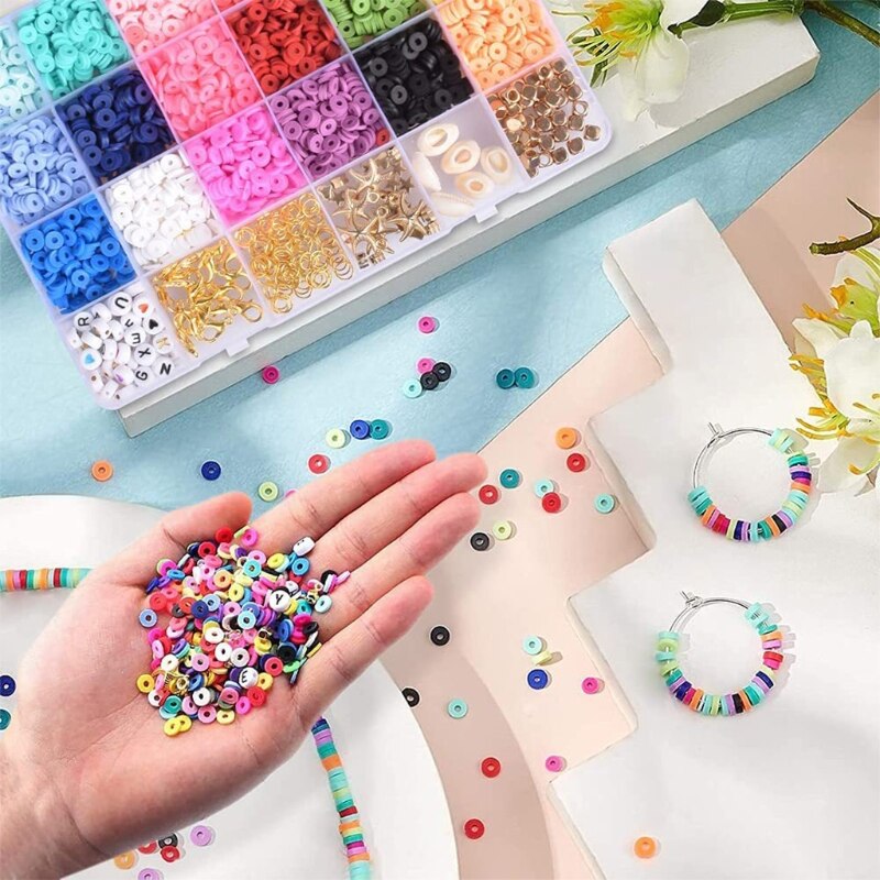 Flat Round Polymer Clay Spacer Beads Set for Jewelry Making Bracelets Necklace Earring DIY Craft Kit with Pendant