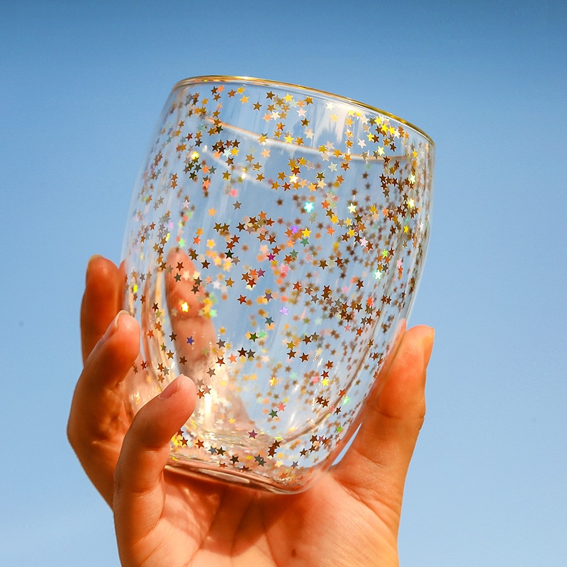 Bright Starry Sky Cup Double-layer Glass Home Water Cup Christmas Star Wish Milk Coffee Cup Bubble Tea Cup Drinkware Glass