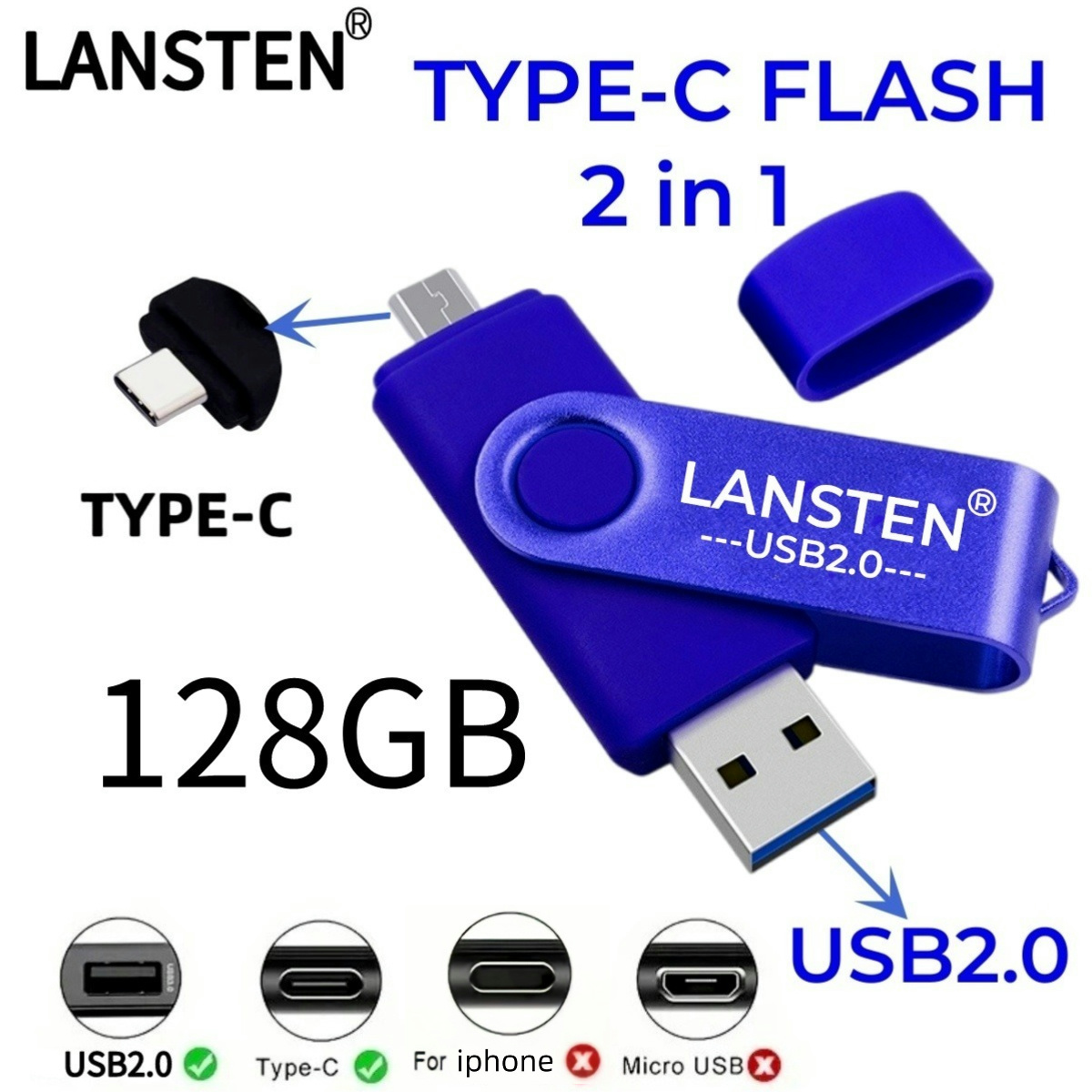 128GB USB C Flash Drive, 2 in 1 USB 2.0 Type C Thumb Drive Photo Memory Stick for Android Phones/Tablet/PC/Mac: Blue