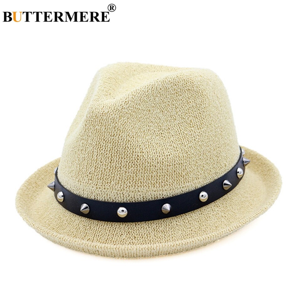Buttermere fedora hoed dames klinknagel effen beige trilby hoed jazz hoed casual lus garen zomer herfst vrouwelijke punk rock pet