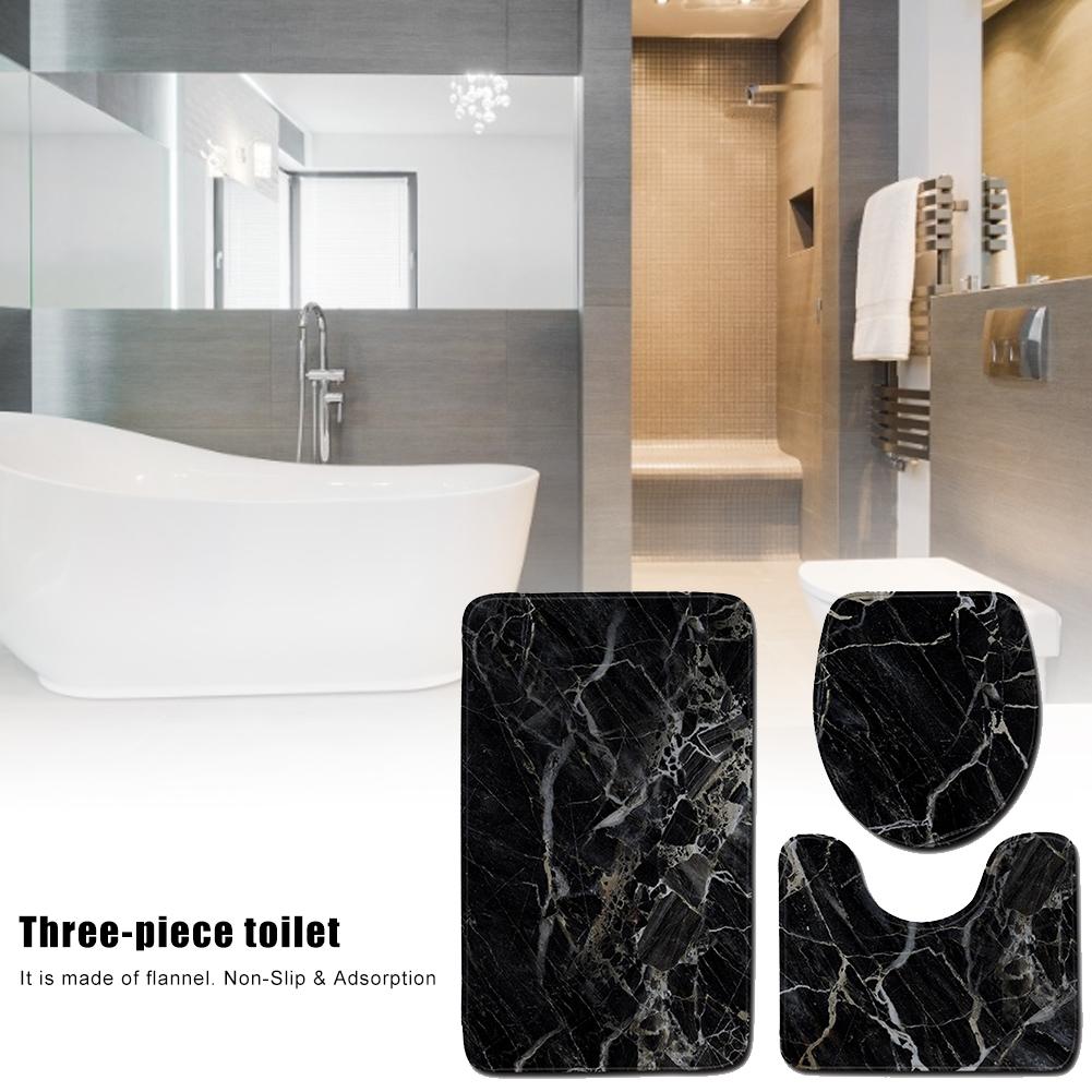 Toilet 3- stykke sæt sort marmor badeværelsesmåtte sæt kontur tæppe flannel skridsikker badepiedestal toilet sæde låg dækning bademåtte sæt