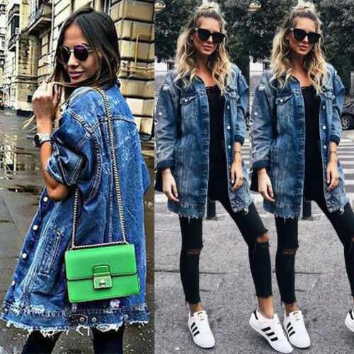 Chaqueta larga para mujer parche Denim rasgado nuevas prendas de vestir agujero Jeans Bule Coat Casual