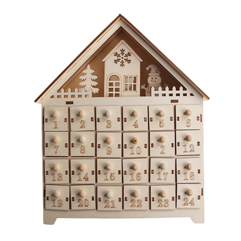 Christmas Snowman Wooden Advent Calendar Countdown Decor 24 Drawers w/ LED Light HXBC: 2