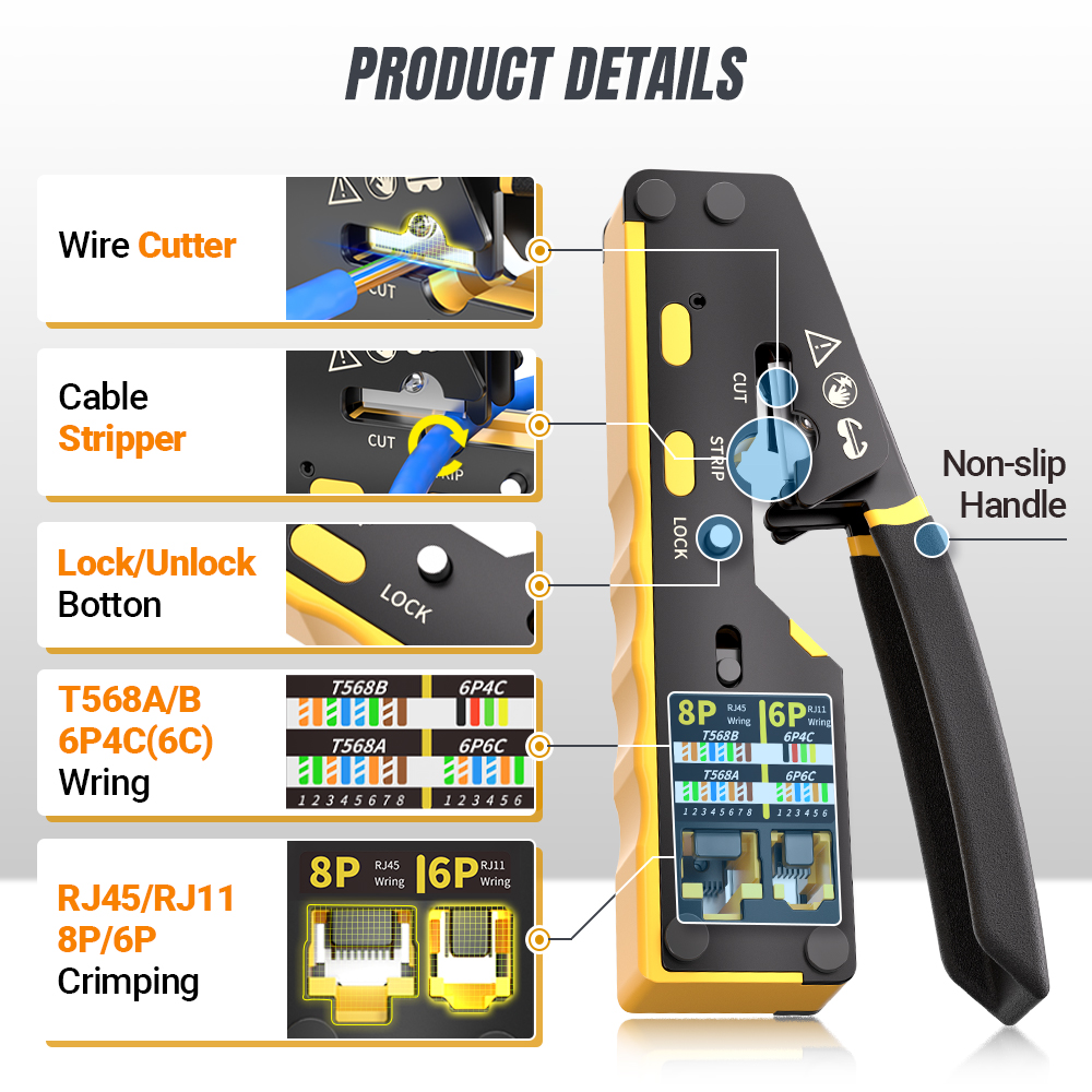 Ampcom  rj45 netværkskrimper gennemløb multifunktionel ethernet-krympetang krympe/klip/afisolere til lantel (rj11/ kat. 5e/6 utp stp