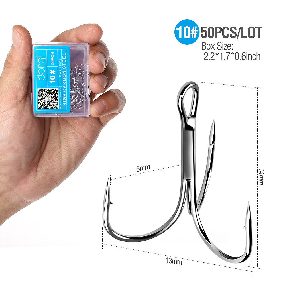 DONQL 50pcs/Box High Carbon Steel Treble Fishing Hooks Offset Fishooks for Carp Fishing Overturned Sharp Hooks Fish Tackle: 10