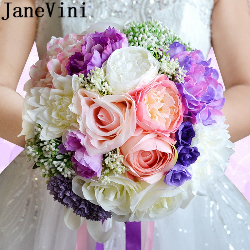 JaneVini Romantische Bruiloft Bloemen Bruidsboeketten Kunstzijde Rose Peony Bruid Bloemen Vrouwen Bruiloft Broche Accessoires