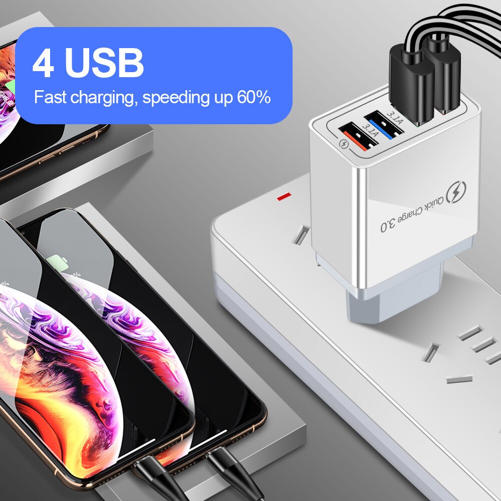 4 USB Ladegerät Schnell Ladung 3,0 Für Telefon Adapter für iPhone XR Huawei Tablette Tragbare Eu-stecker Zauberstab Handy, Mobiltelefon Ladegerät schnelle Ladung