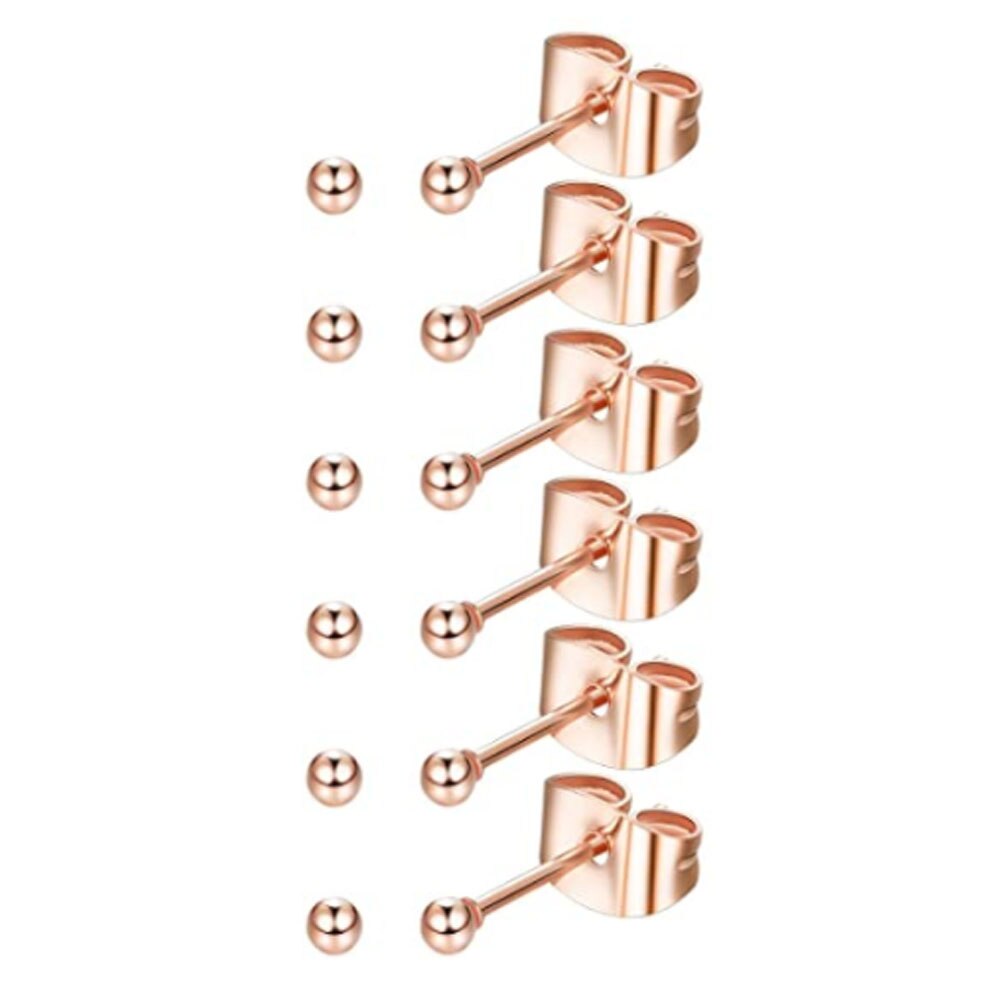 6 pares de aretes pequeños de acero inoxidable de 2 mm para hombre y mujer, aretes de bola redonda CZ, conjunto de: COLOR ORO ROSADO
