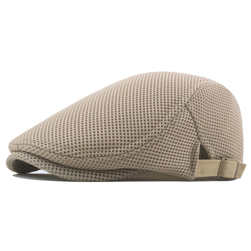 Spring Summer Men's Beret Solid Color Hollow Mesh Cap Breathable Adjustable ladies Sun Hat: Khaki
