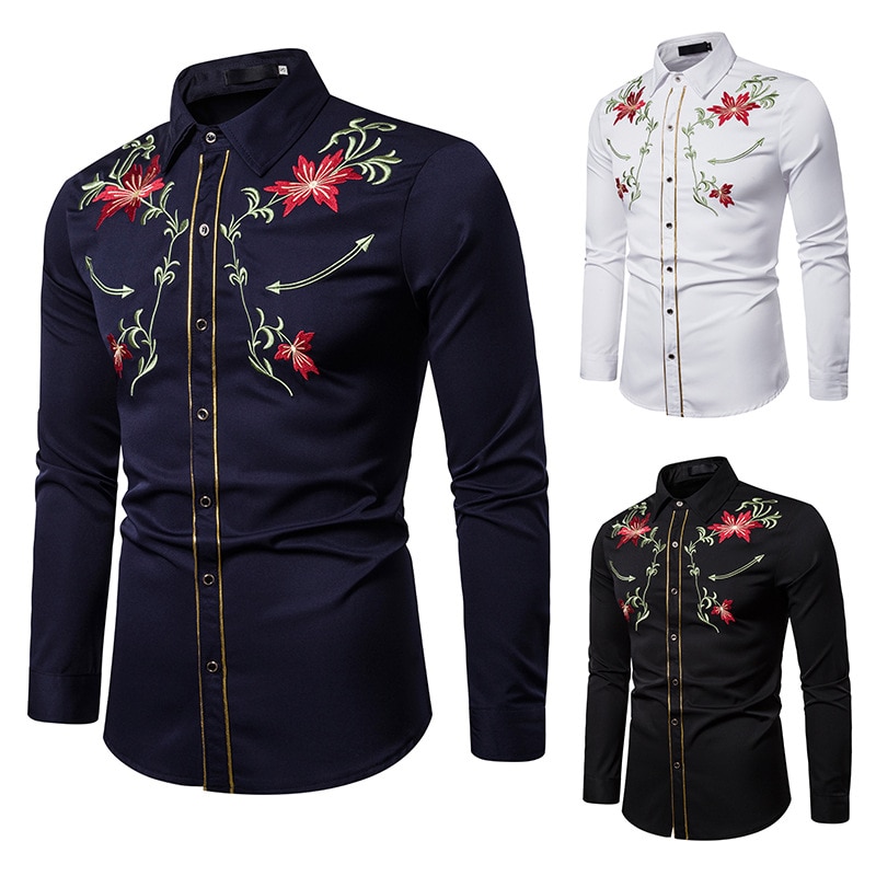 Männer Hemden Westlichen Denim Blume Bestickt Dünne Beiläufige Lange Hülse Zugeknöpft Hemd Männer der Nationalen Wind Bestickte Hemd S-2XL