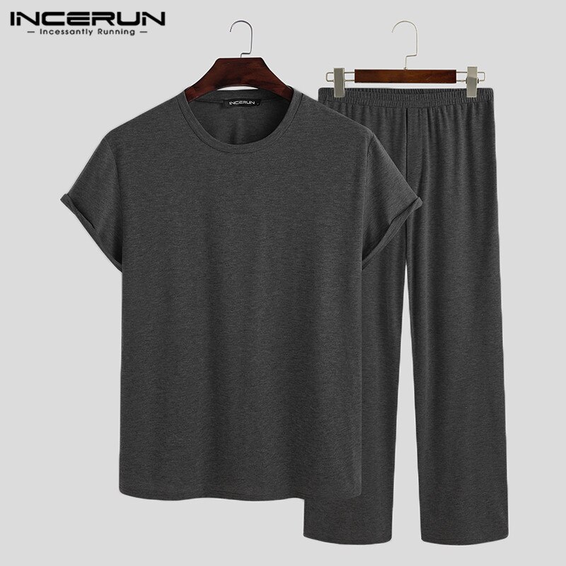 INCERUN Men Solid Pajama Sets Short Sleeve O Neck Tops Elastic Waist Pants 2 Pieces Man Breathable Homewear Loose Suit Plus Size