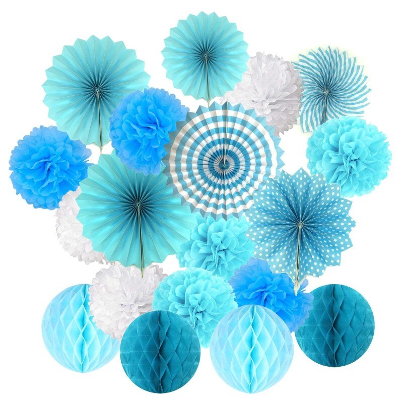 19 stk / sæt blå silkepapir pom poms blomstervifte og bikagekugler til fødselsdag baby shower bryllupsfestival dekorationer: 1