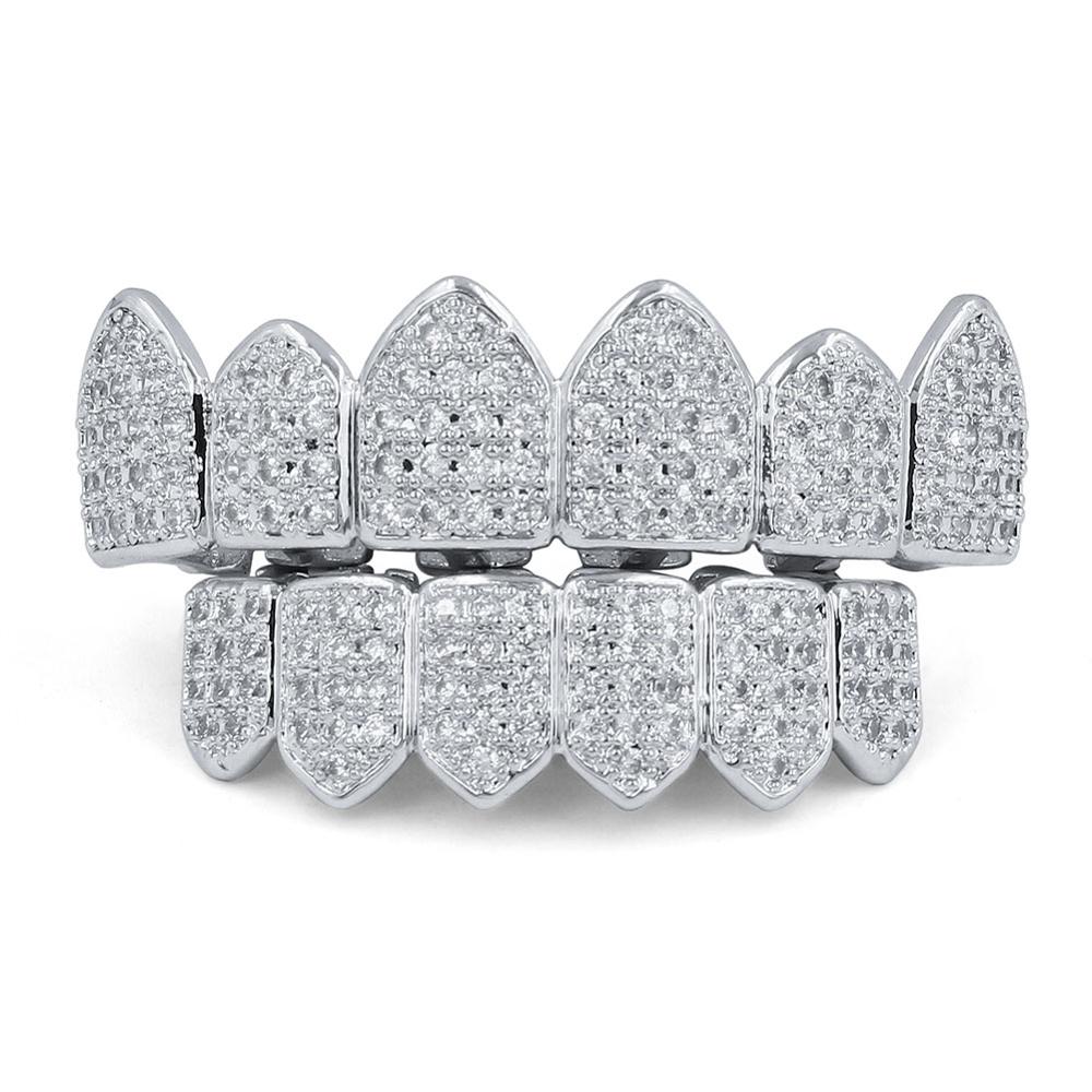 GUCY Gold Color Plated Hip Hop Teeth Grill Caps Micro Pave CZ Top & Bottom GRILLZ Mouth Tooth Grills Set: Silver / Top