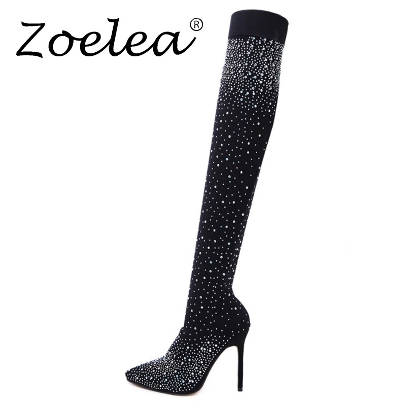 Zoelea femmes cristal Stretch tissu chaussette bottes bout pointu sur le genou talon cuisse haut bout pointu femme botte: 38