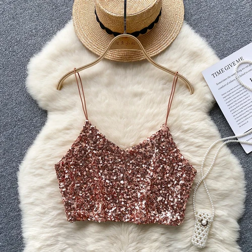 Kvinnor chic paljett linne smal grundläggande sexig koreansk ärmlös axelbandslösa toppar hösttopp: Beige