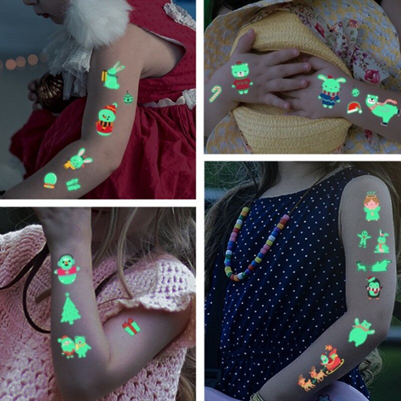 Skinnende lysende tatoveringer klistermærker lyser i mørket børns midlertidige tatoveringer børn julefluorescerende vandtæt sødt klistermærke