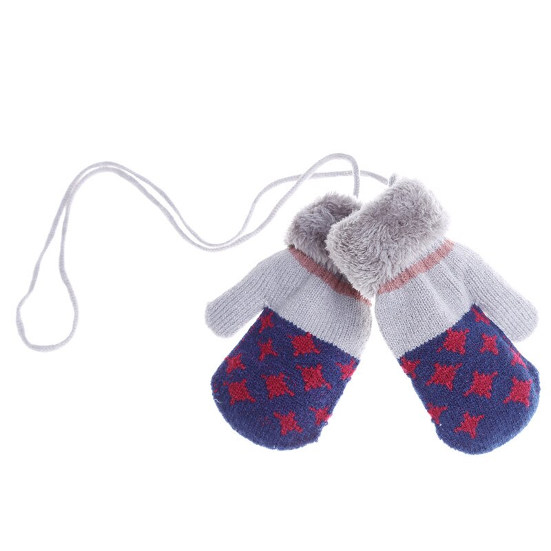 Inverno Del Bambino Guanti Completa Fingers Delle Ragazze Dei Ragazzi Guanto di Lavoro A Maglia Star Modello Guanti Caldi Neonati Guanti Con La Corda: Dark blue