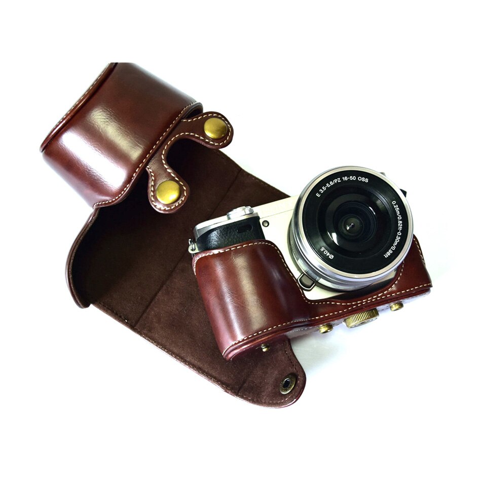 SLR Digital PU Funda de cuero para cámara Sony A6300 A5000 A6000 A5100 ILCE-5000 ILCE-6000 ILCE-5100 + correa de cuero: Coffee A5000