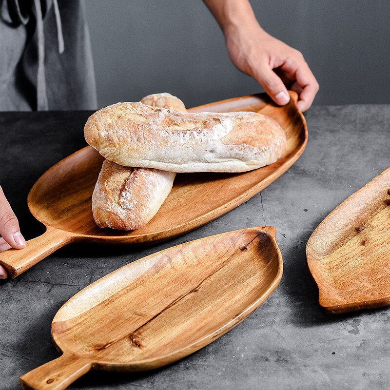 Bandeja de madera maciza con forma de hoja creativa, bandeja para comida, platos para postre, aperitivos, bandeja de té, platos de madera para Pan y pastel, bandejas de almacenamiento