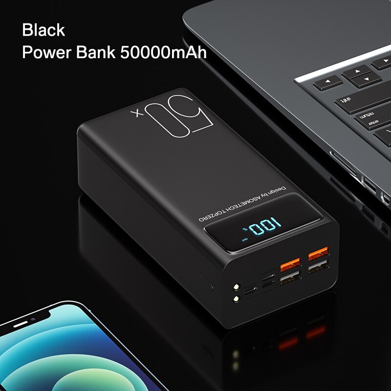 Power Bank 50000 Mah Draagbare Oplader Met Led Licht Grote Capaciteit Powerbank 50000 Mah Externe Batterij Voor Iphone 13 X xiaomi: 2A Black