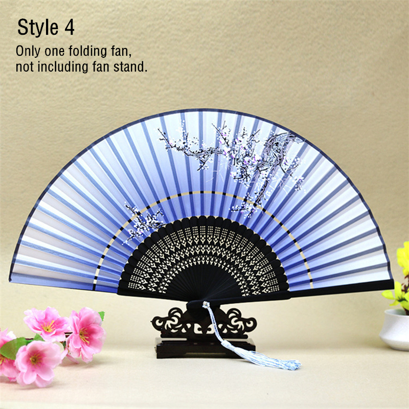 Chinese Style Carved Bamboo Craft Fan Two Sections Folding Silk Cloth Hand Fans Handmade Home Decoration: Style4