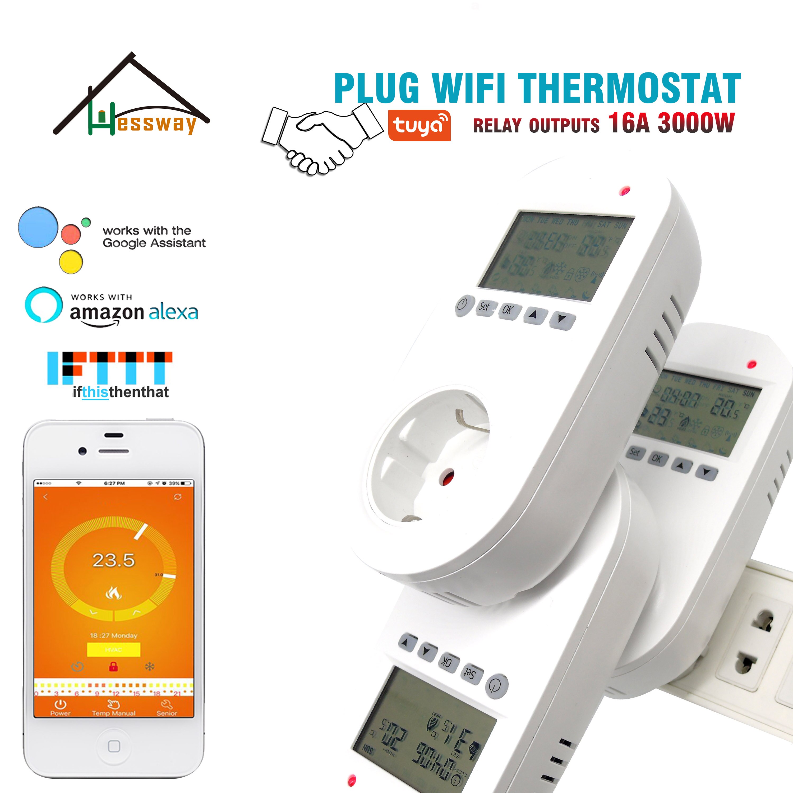 HESSWAY TUYA 16A programmable WIFI electric heat thermostat for EU plug socket