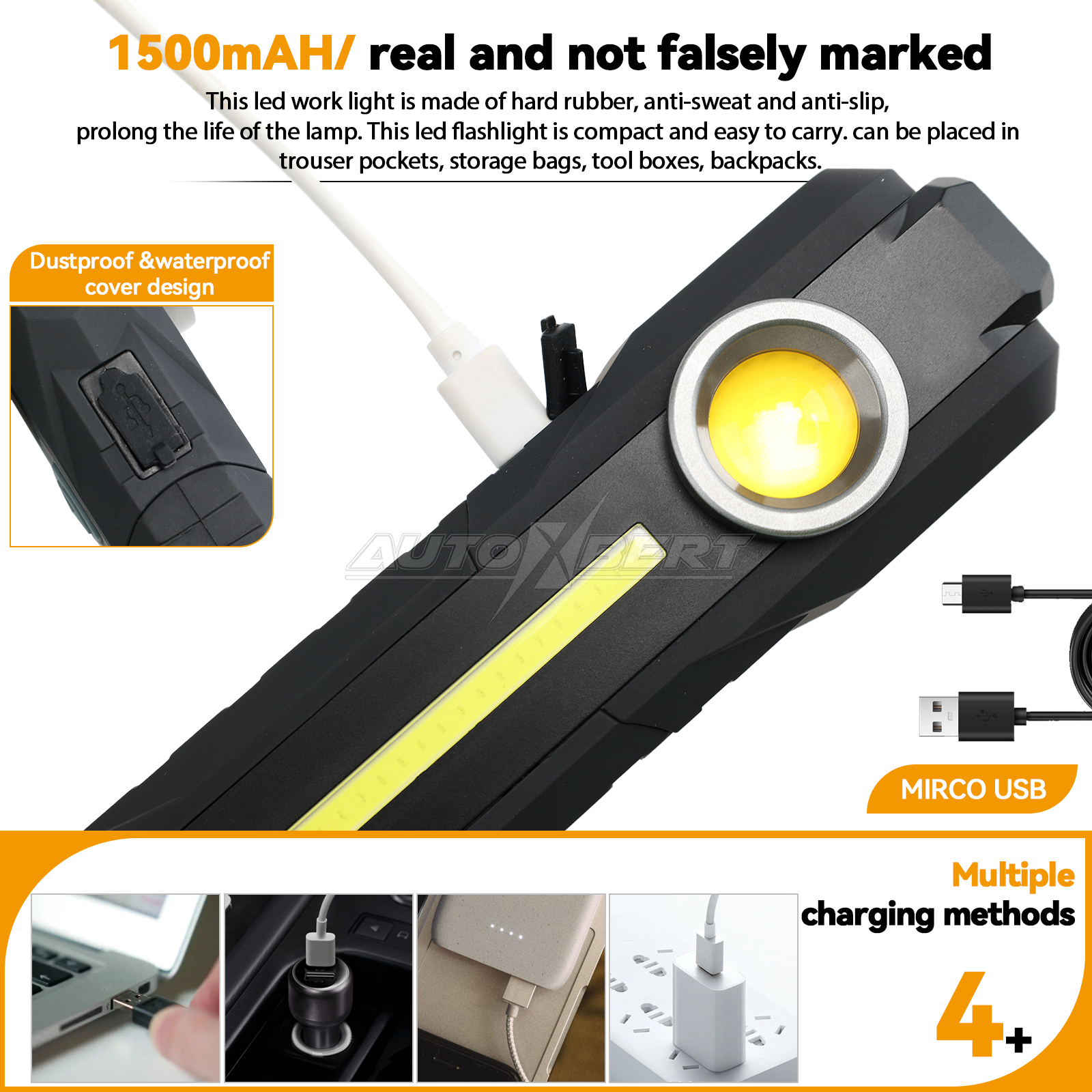 Led genopladelig magnetisk cob-lommelygte håndholdt inspektionslampe ledningsfri arbejdslampe bærbar arbejdslampe stødsikker lommelygte 6 tommer