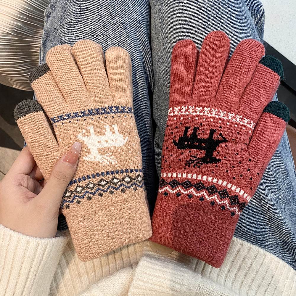 Christmas Elk Printed Knitted Gloves Thicken Warm Winter Touchscreen Glove Women Girls Full Finger Gloves Outdoor Shopping