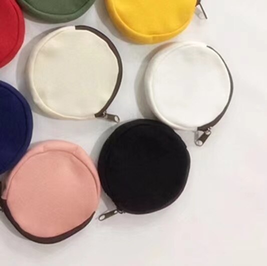 1pc Craft Bags Mini Coin Purses Round Solid Color Canvas Economic Cotton And Linen Zipper Blank Pouches: Black