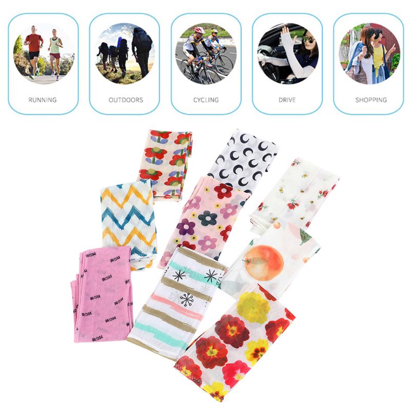 Dames ijs zijde mesh vingerloze lange mouwen armwarmers cover geometrische strepen bloemen maan bedrukt uv-bescherming rijden half fi