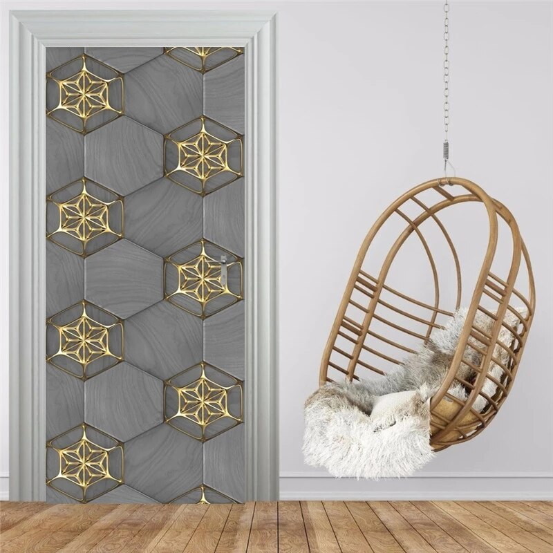 3D Wall Door Sticker Modern Stereo Golden Abstract Geometric Wallpaper Living Room Study Door Decal Pvc Self-Adhesive 3D Sticker