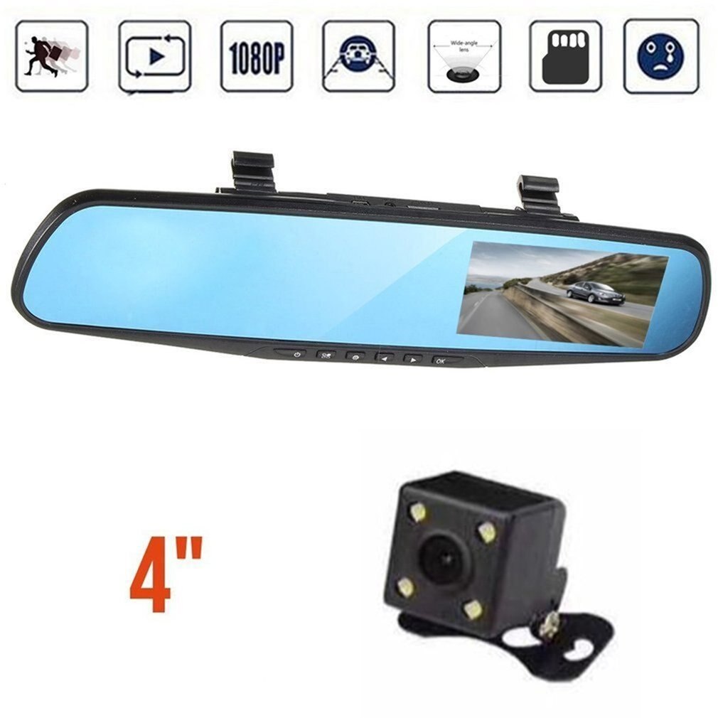 4- tommer skærm 1080p hd dobbelt linse bil dvr bærbar dash kamera køretøj monitor dash cam biloptager omvendt spejl