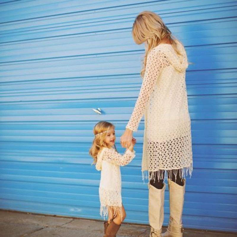 Mother and Daughter Matching clothes Summer Crochet Coat Lace Tassels Top Boho Beach kimono cardigan Women girls Outfits