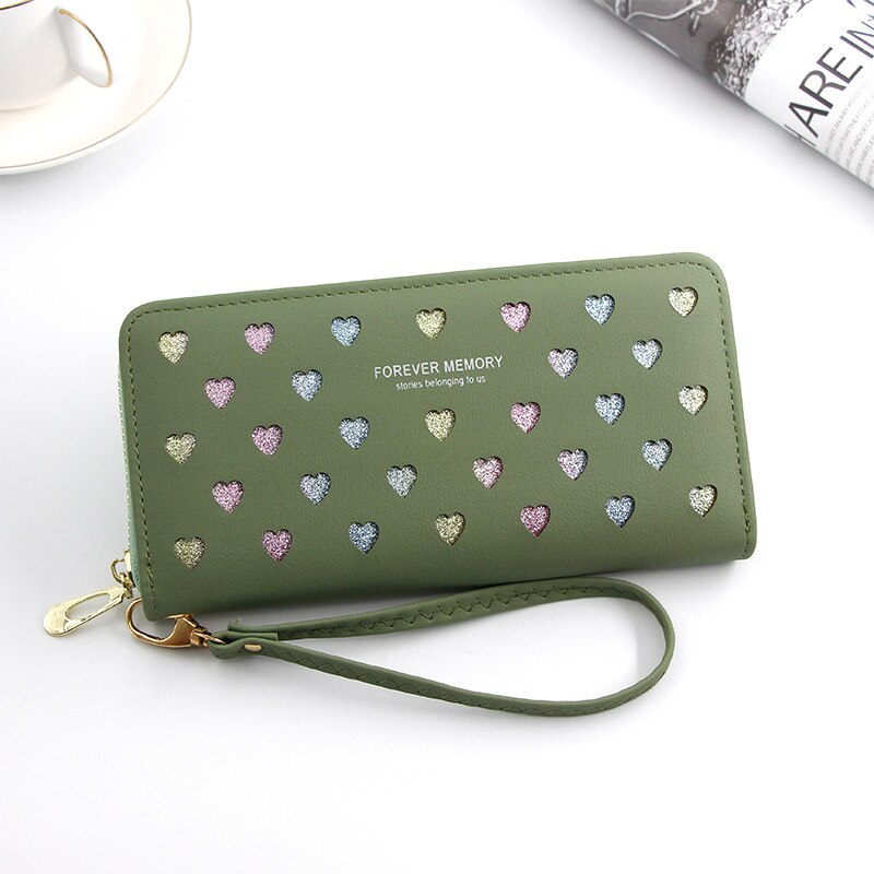 Portafoglio donna Long Love Heart Hollow Design borsa per telefono porta carte di credito in pelle ad alta capacità portafogli frizione Carteira Feminina: Green