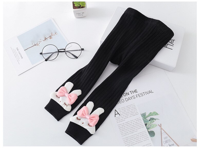 Ins Autumn Winter Baby Pants Ribbed Knit Pants 1-5years Cartoon Rabbit Ribbed Baby Pants: Black / L(2-3Years)