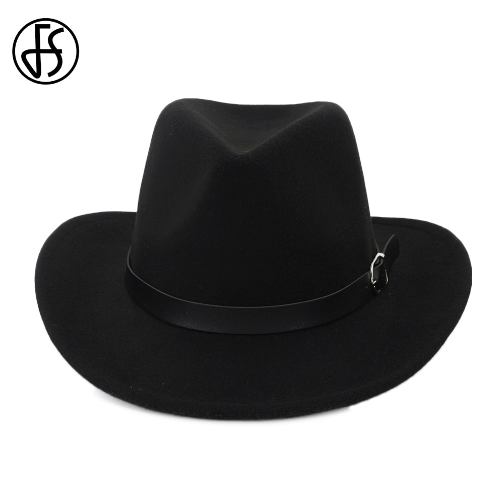FS-sombreros Fedora de lana para hombre y mujer, sombrero de fieltro de Trilby, visera rizadora Vintage, sombrero de vaquero con cinturón de cuero, para invierno