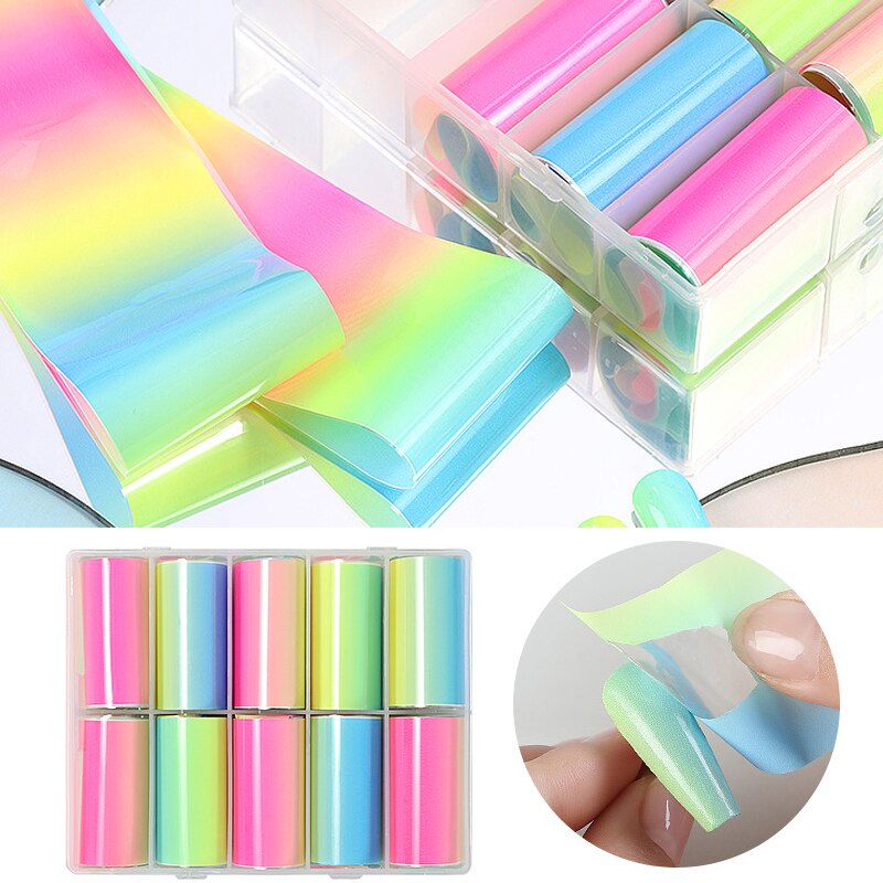 10 ruller boks nail art folier klistremerke gradient neon godteri stjernehimmel papir glidebryter overføring full wraps dekal for manikyr gjør-det-selv-dekor