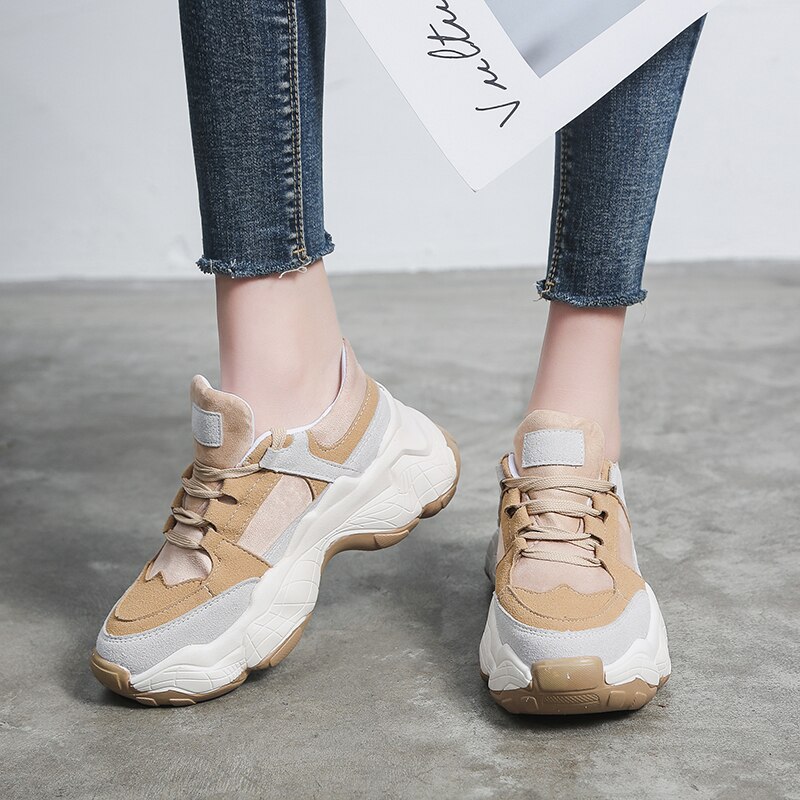 Women's Platform Sneakers - Chunky Lace-Up - Breathable Canvas Running Shoes - Akexiya