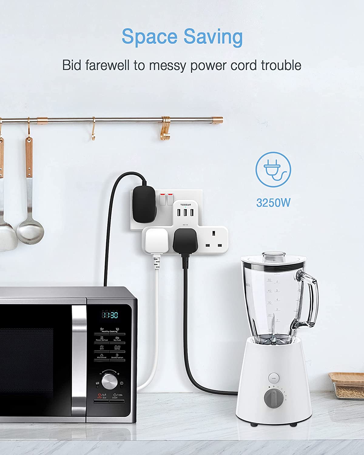 6 Ways UK Multi Plug Power Strip with 3 USB Charging Ports and 3 UK Outlets Wall Socket 100-250V Electrical Charger for Phones