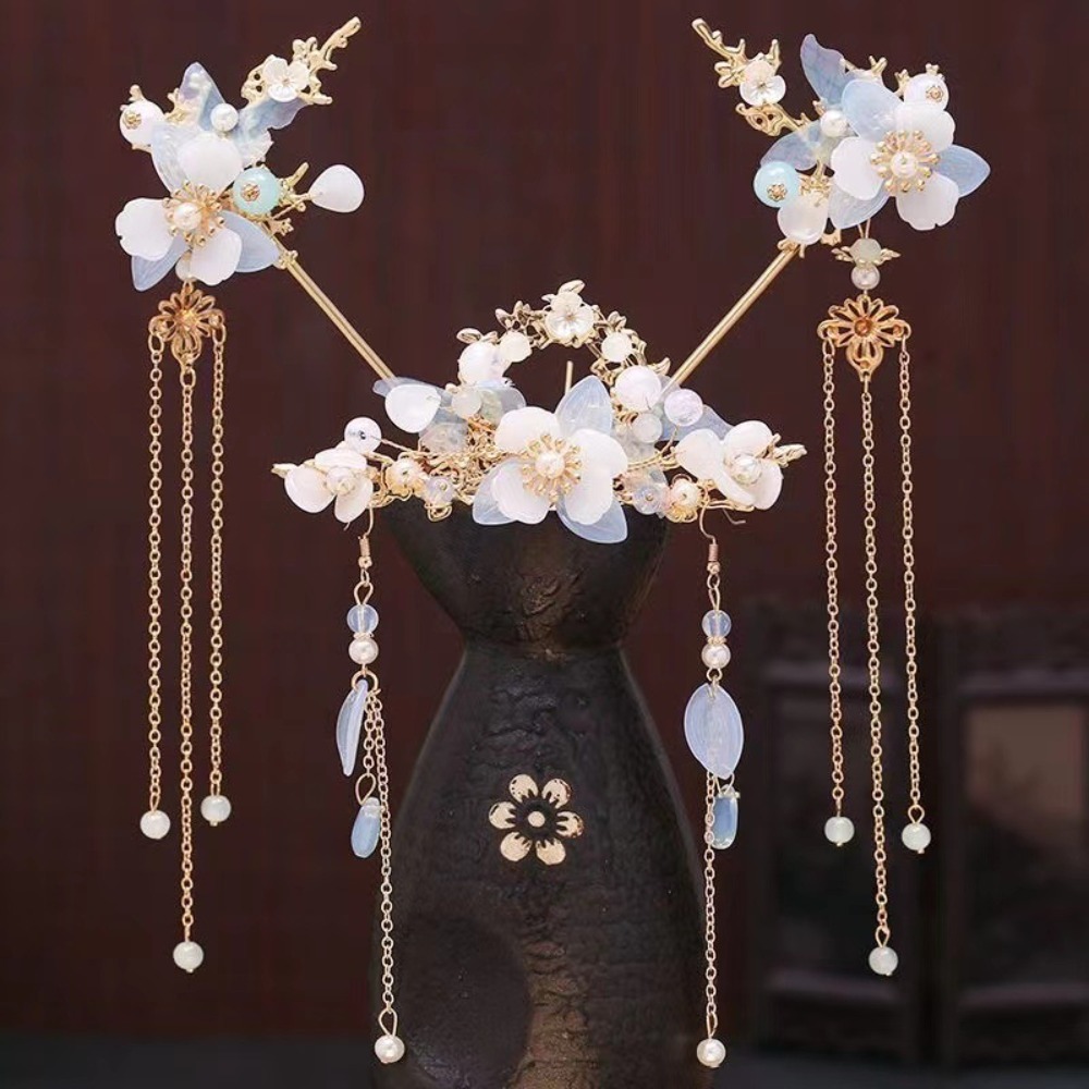 Klassisk blomster kinesisk stil hårnålesæt kvast til boller hanfu hårpind perler hovedbeklædning sommerfugl hårkam kvinder: Grå