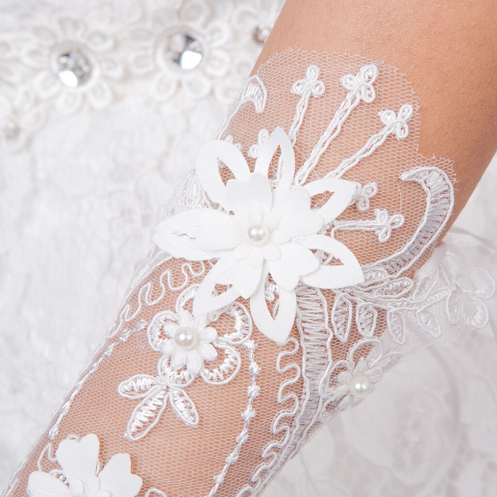 Beauty Bridal White Fingerless Wedding Gloves Lace Pearls Eblow Length Glove Party Ornament Accessory