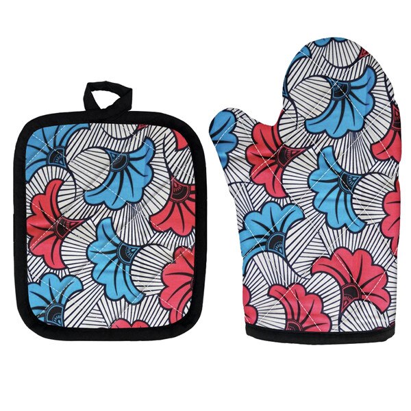 Set Van 2 Afrikaanse Etnische Tribal Bloemen Keuken Koken Magnetron Handschoenen Mitts Pot Pad Heat Proof Beschermd Thuis Bakken pads: HTAE011D19