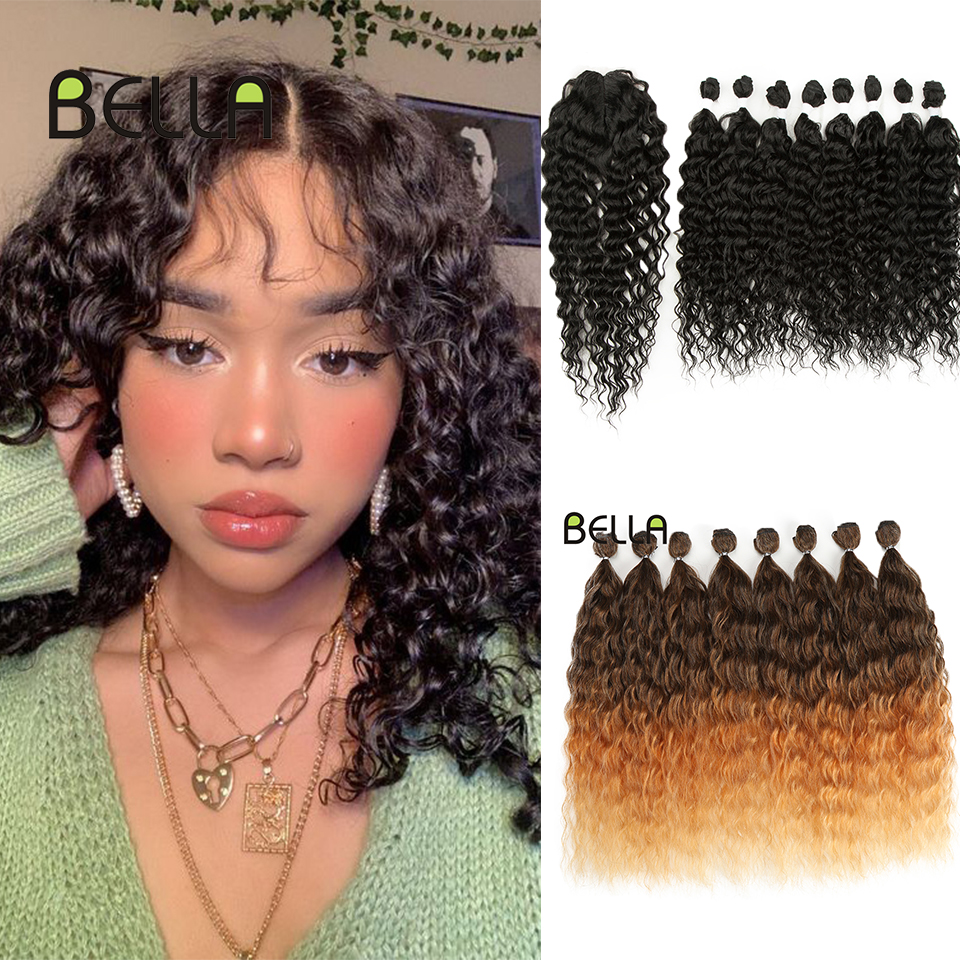 Bella-extensiones de cabello rizado sintético para mujer, mechones de pelo ondulado con cierre, color marrón degradado de 20 pulgadas, 9 unids/paquete