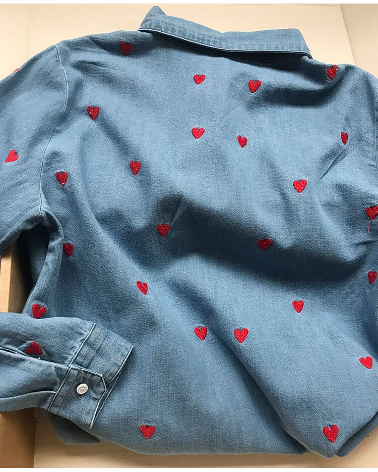 Chemisier brodé coeur rouge pour femmes, simple boutonnage, manches longues, frais, printemps