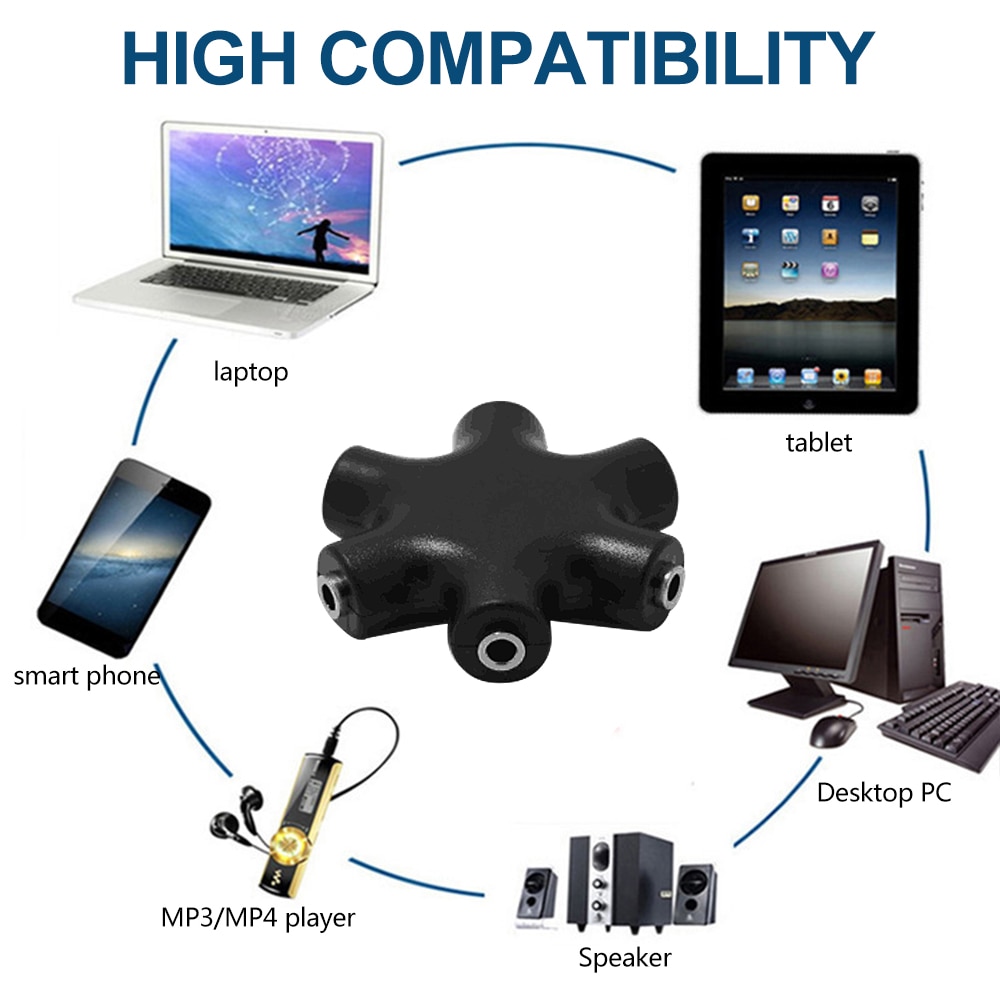 3.5mm Stereo Headset Headphone Earphone Extension Audio Hub Splitter Adapter 1 Male to 2 3 4 5 Female Audio Cable